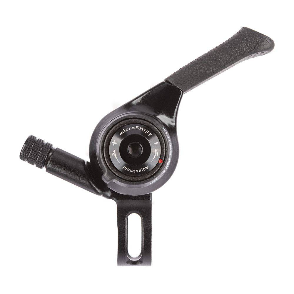 MicroSHIFT MTB thumb shifters for mountain bikes, featuring indexed and friction modes, shown with ergonomic design and gear cables.