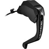 Shimano Dura-Ace ST-R9180 left hydraulic Di2 STI shifter for TT bars with E-Tube wire, showing ergonomic design and controls.