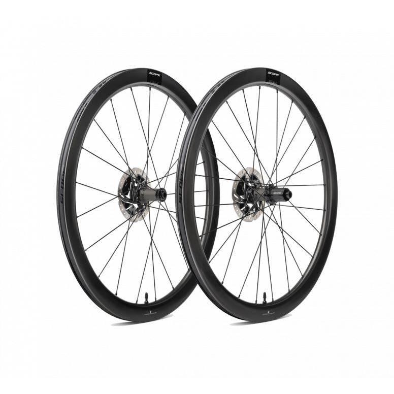 Scope Cycling S4 Disc Carbon Road Wheelset with hand-built performance wheels, featuring lightweight carbon rims and disc brake compatibility.