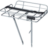 Basil Portland aluminium front bike carrier with lamp mount for 26 and 28-inch bicycles, shown mounted on a bike.