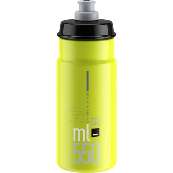 Elite Bottles Jet biodegradable cycling water bottle with high flow and safety valves, shown with a sleek, ergonomic design.