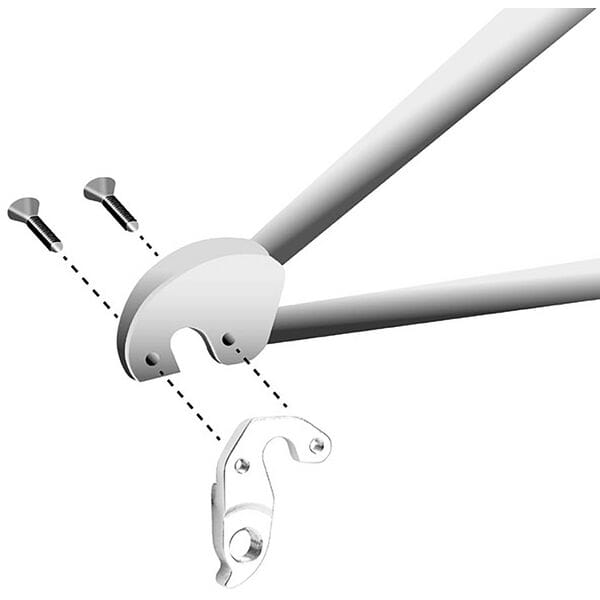 M Part gear hanger for Specialized bikes, durable replacement bike frame protector, shown attached to bike frame components.
