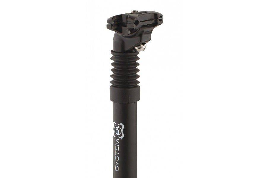 Black System EX suspension seatpost for road bikes, 27.2mm diameter with adjustable preload, offering comfort and shock absorption.