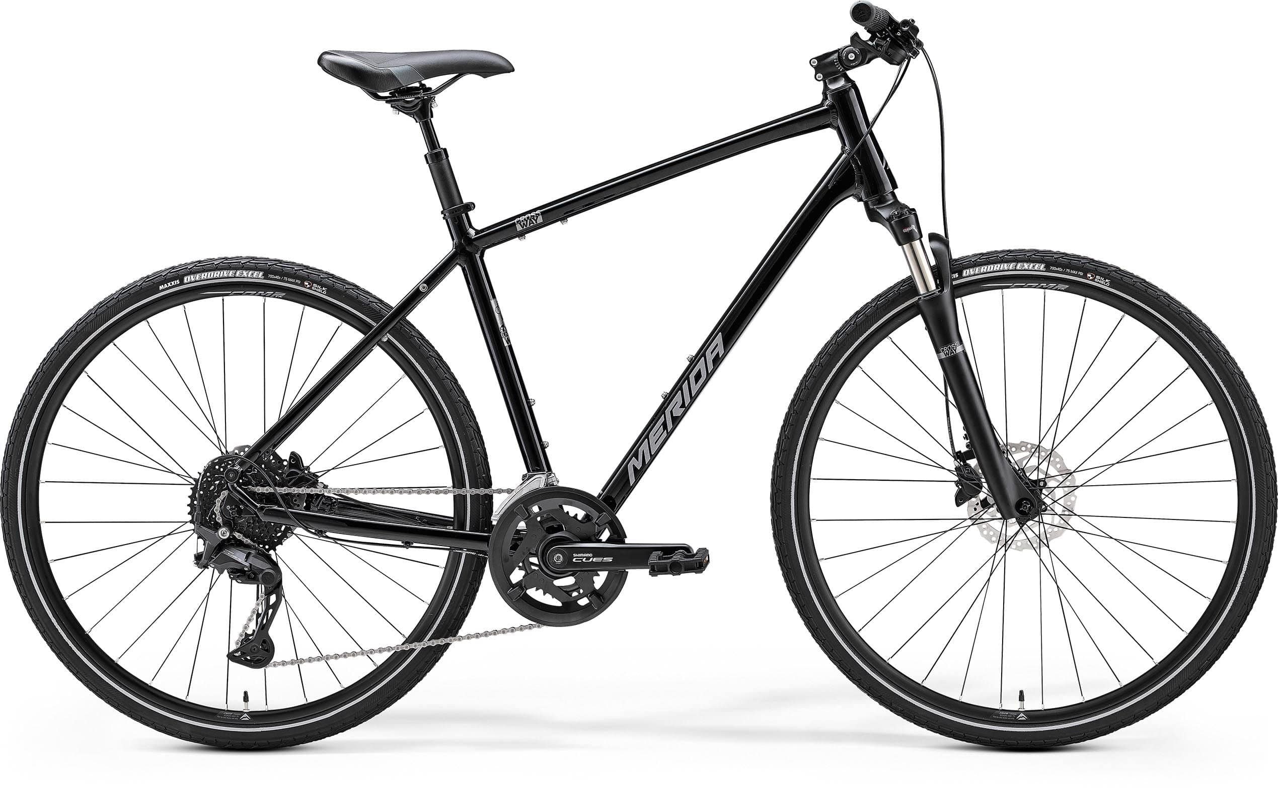 Merida Crossway 300 MY24 hybrid bike with Shimano disc brakes and 700c wheels, featuring a sleek frame and comfortable riding position.