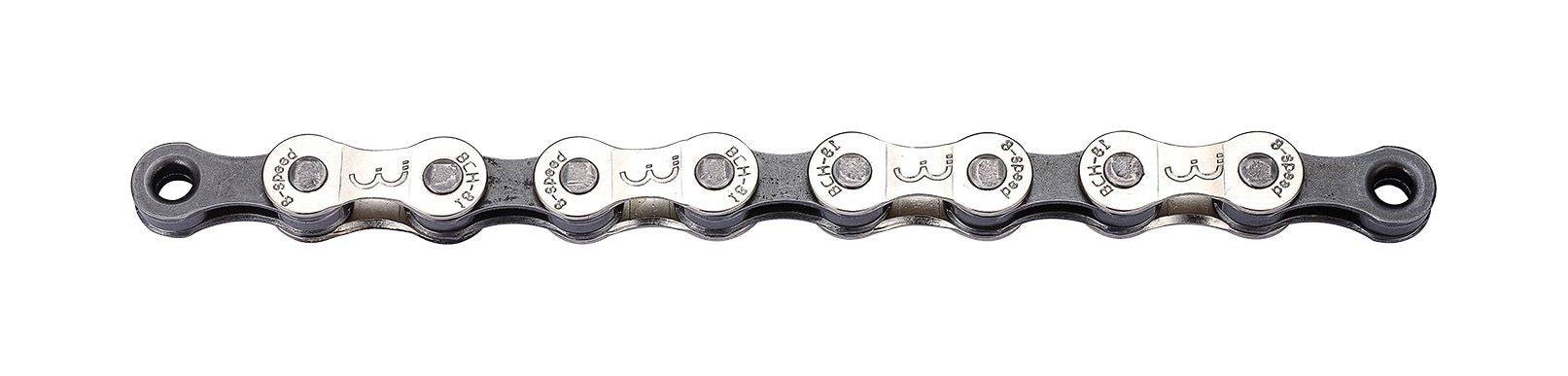 BBB BCH-81 PowerLine 8-speed bike chain in grey nickel with 114 links and SmartLink II for easy installation and secure fit.