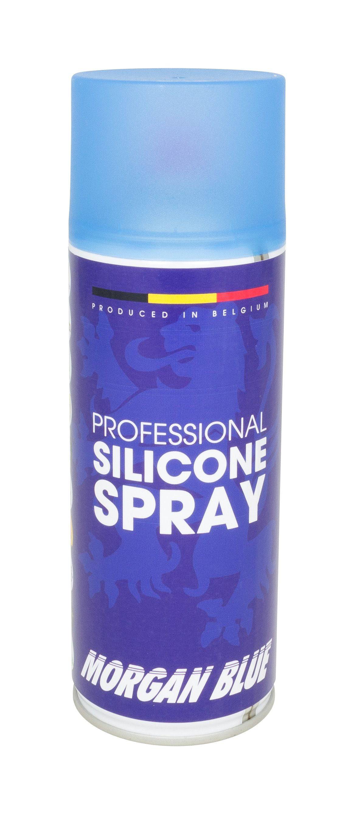Morgan Blue silicone spray aerosol for bike chain and gear lubrication and protection, shown in the workshop setting.