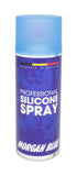 Morgan Blue silicone spray aerosol for bike chain and gear lubrication and protection, shown in the workshop setting.