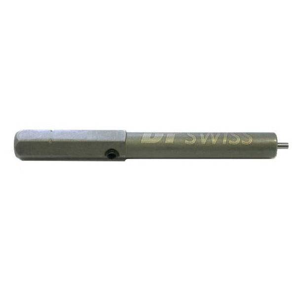 DT Swiss Torx driver bit for Squorx nipples on standard bicycle rims, used as a workshop wheel tool for precise spoke adjustment.