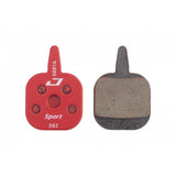 Jagwire Sport semi-metallic disc brake pads for Tektro IO bikes, showing the brake pad components with metal backing plates