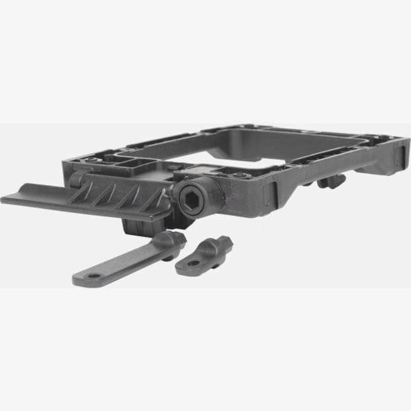 AtranVelo AVS PREMIUM UNI adapter for secure bike bag and basket attachment on a bicycle, shown mounted on the bike frame.