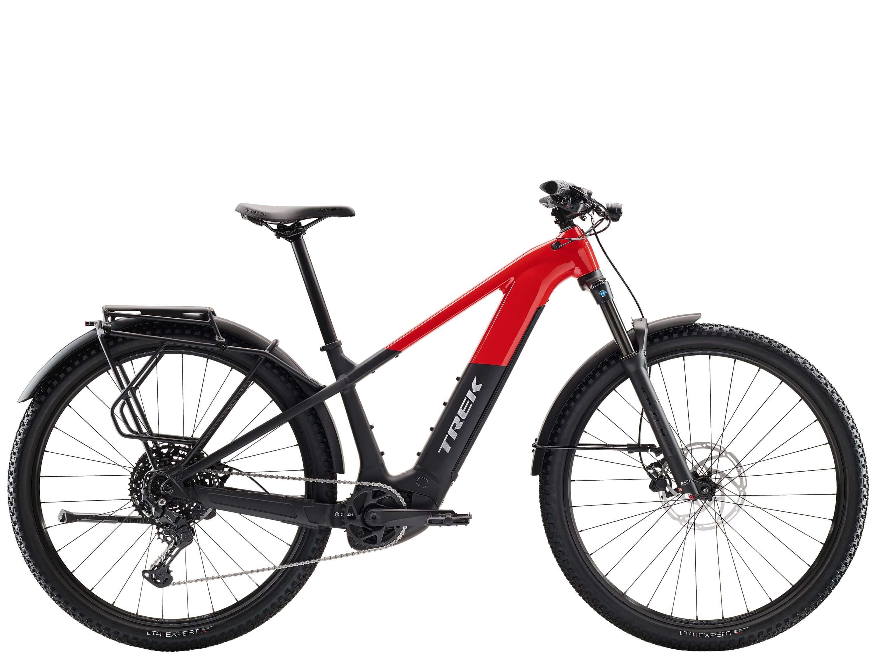 Trek Powerfly+ 4 Equipped Gen 5 e-mountain bike with RIB 2.0 removable battery system, black and red frame, mountain trail setting
