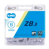 KMC Z8.3 EPT bike chain, rust-resistant with 114 links, designed for smooth shifting on 6-24 speed bikes.