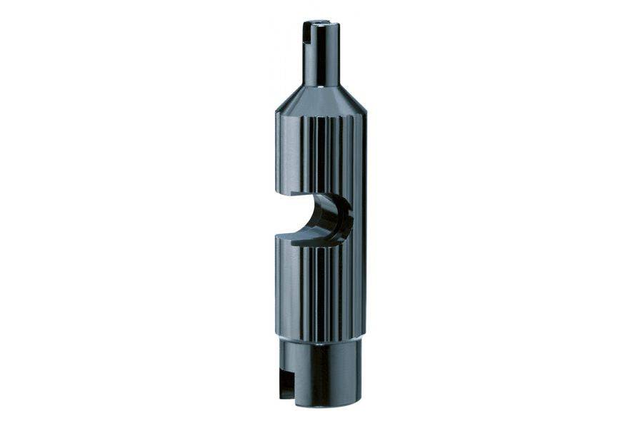 Topeak Valve Core Tool in black with storage box, designed for Schrader and Presta bicycle valves.