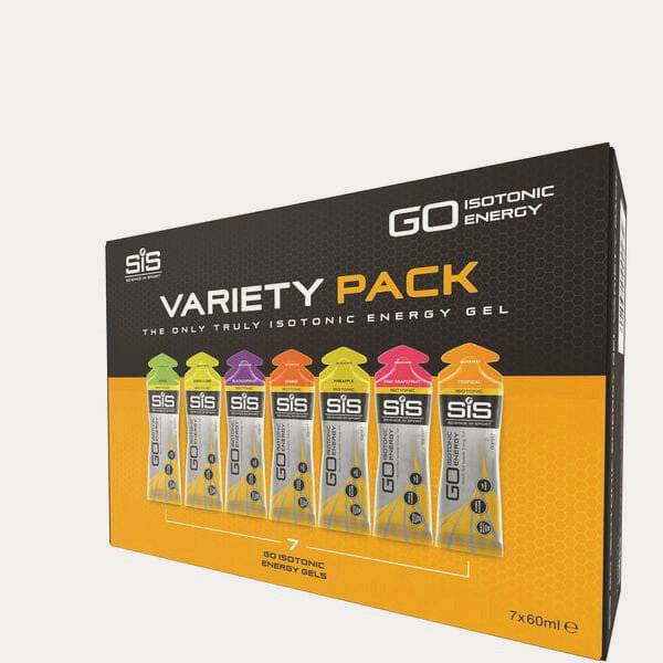 Science In Sport GO Isotonic Energy Gel Variety Pack with 7 mixed flavors, ideal for active and sports nutrition.