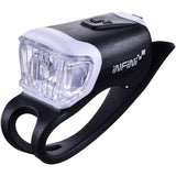 Infini Orca USB rechargeable front bike light with silicone mount, black, designed for visibility and safety during bike rides.