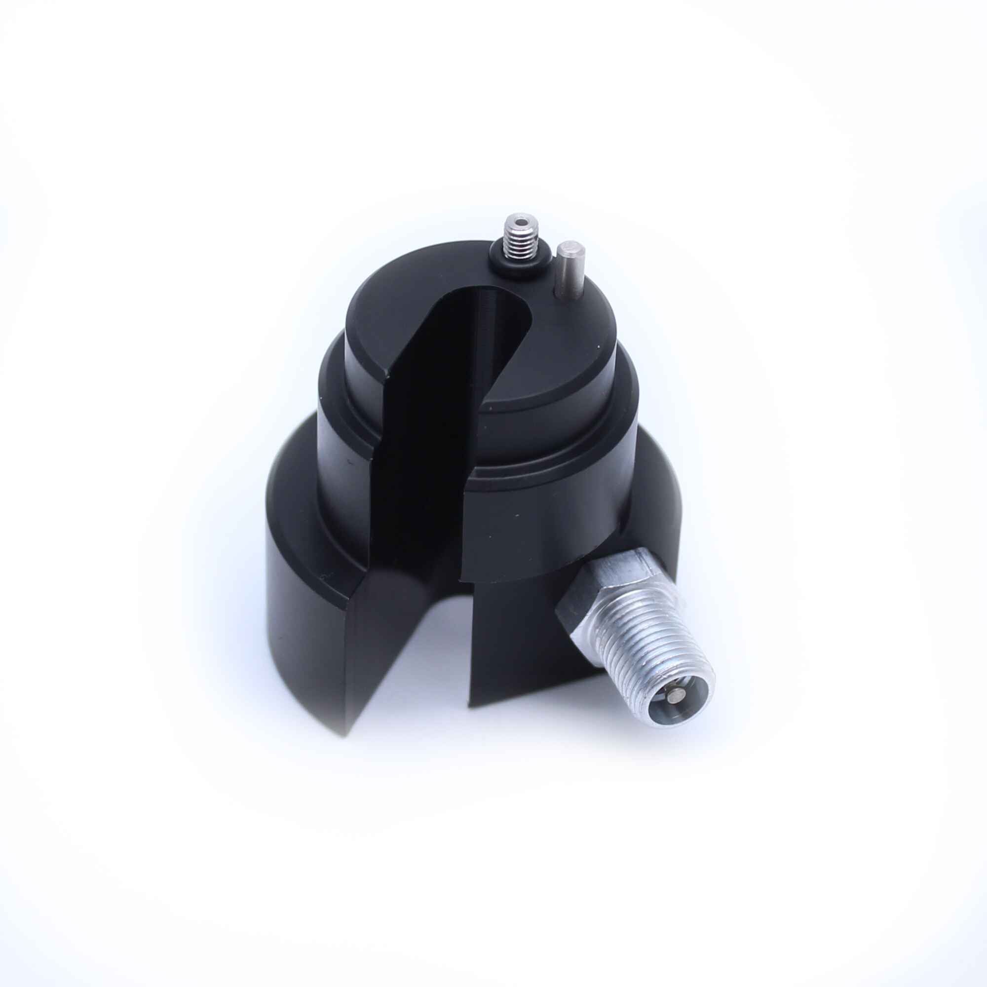 Fox Gas Fill Transfer Compact Assembly for rear shock maintenance, showing detailed view of shock component with hoses and fittings.