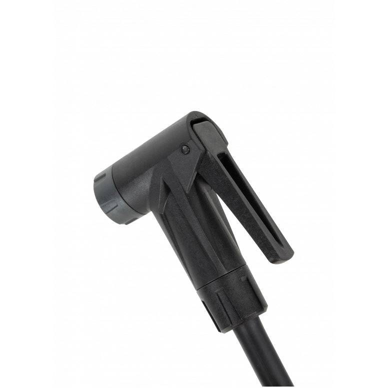 Topeak JoeBlow Mountain Ex floor pump with SmartHead, black and green, for Presta and Schrader valves, used for bicycle tire inflation.