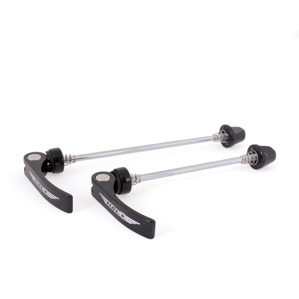 Halo White Line Road Bike QR skewers with alloy handles and smooth cam mechanism for secure wheel attachment.