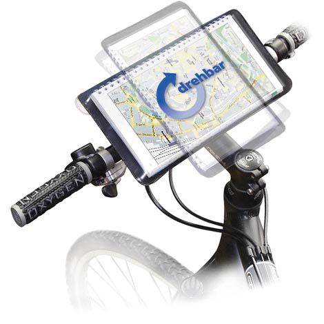 Rixen-Kaul KLICKfix map holder with rotating swivel and rain cover attached to a bicycle handlebar accessory.