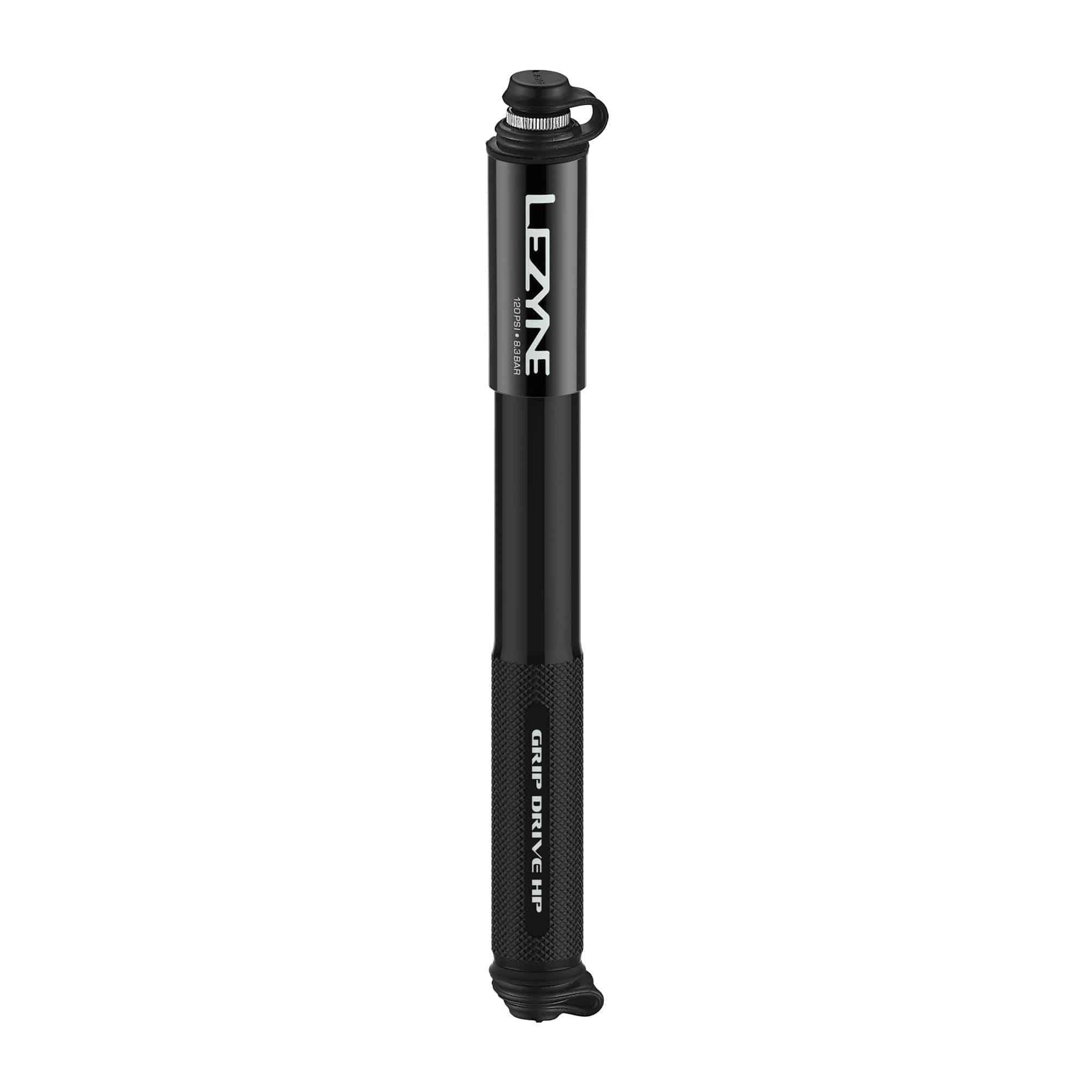 Lezyne Grip Drive HP hand pump with ABS flex hose for high-pressure bike tires, compact cycling accessories.