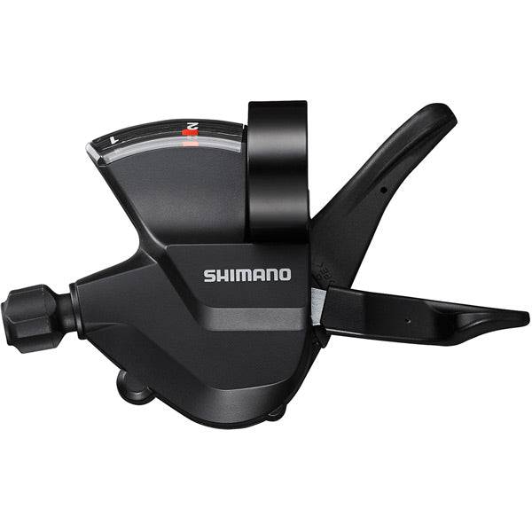 Shimano SL-M315-2L 2-speed left hand shift lever with band-on clamp and cables, designed for bicycle gear shifting.