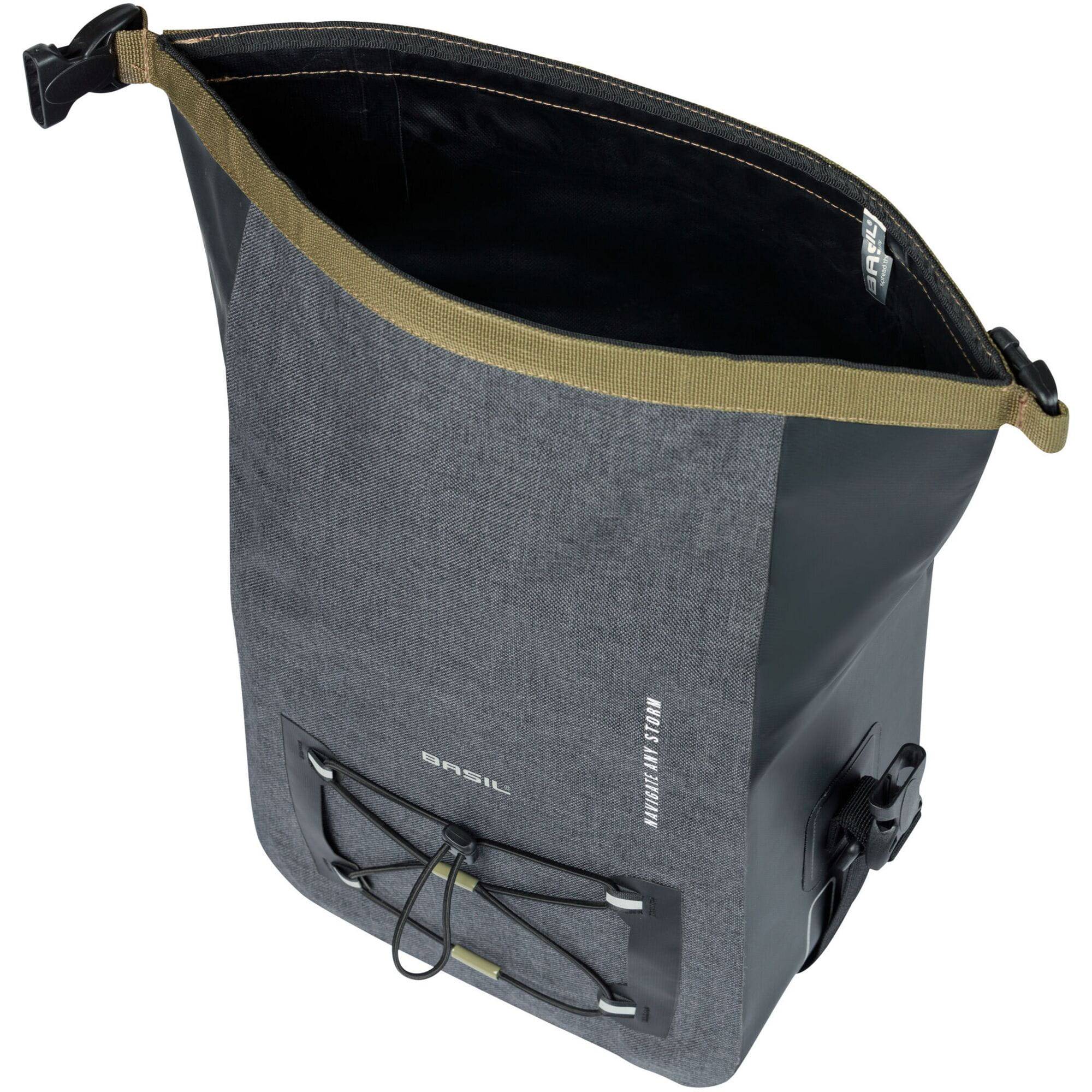 Basil Navigator Storm KF handlebar bag in black with reflective logos, waterproof design, 10-11L capacity, bike accessories.