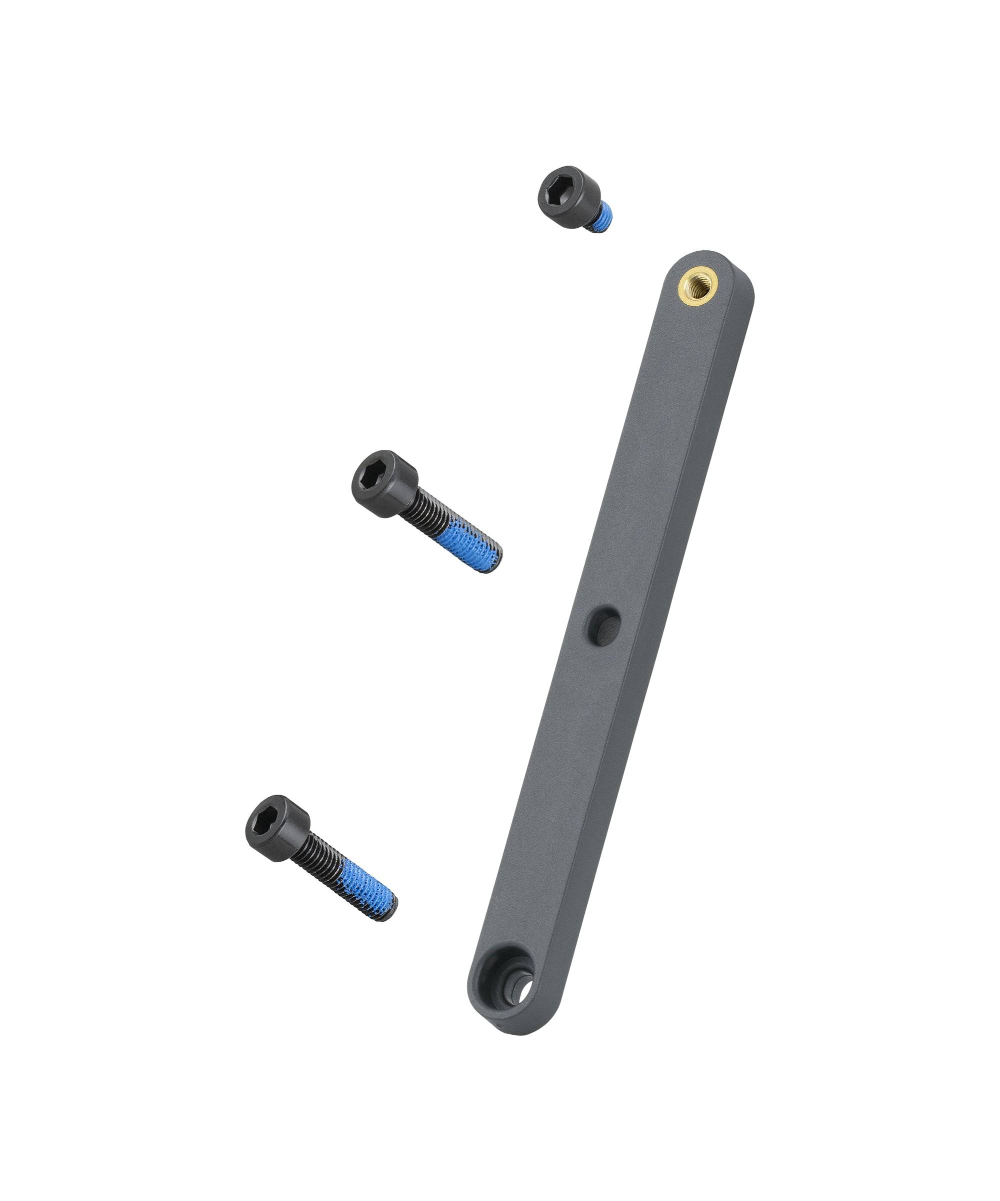 Trek Checkpoint third bottle cage adapter with bolts in black, designed for bike components, on a white background.