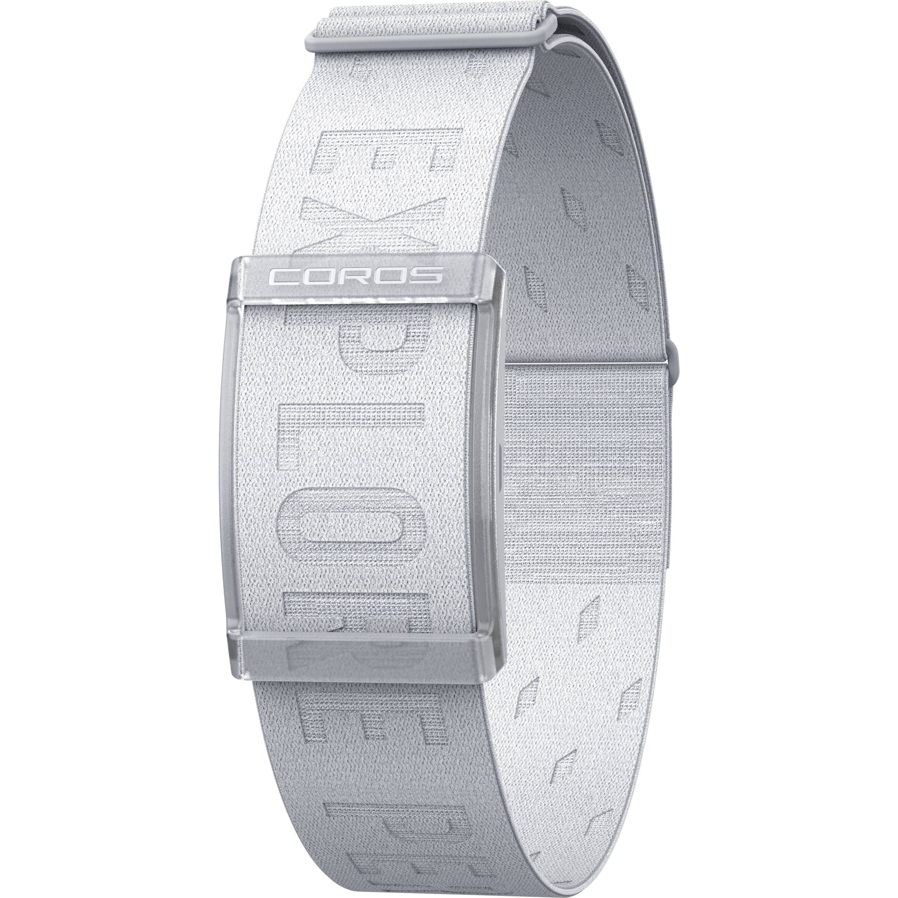 Coros Heart Rate Monitor arm band in gray with Bluetooth, showing the compact, adjustable fitness accessory with a 38-hour battery life.