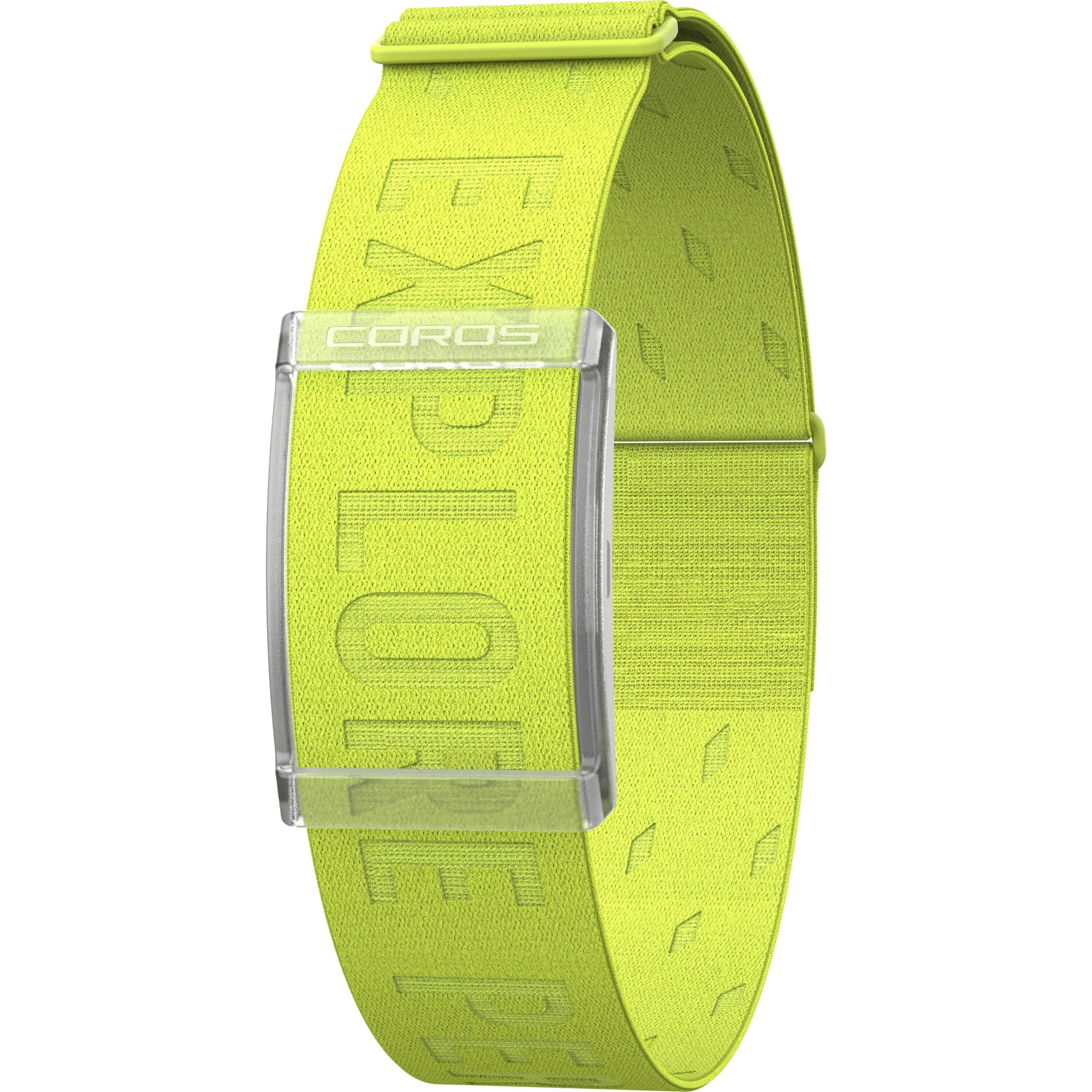 Green Coros Heart Rate Monitor arm band with Bluetooth connectivity and 38-hour battery life, designed for fitness and training.