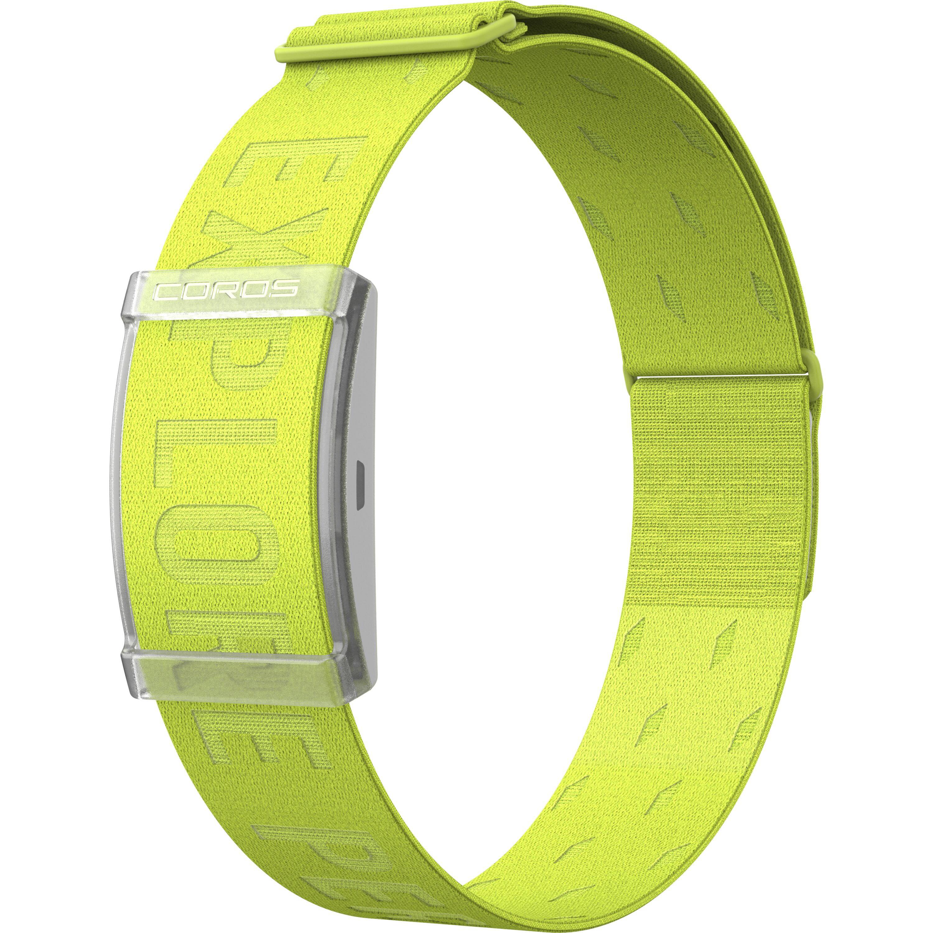 Green Coros Heart Rate Monitor arm band with Bluetooth, 38-hour battery life, designed for fitness and activity tracking.
