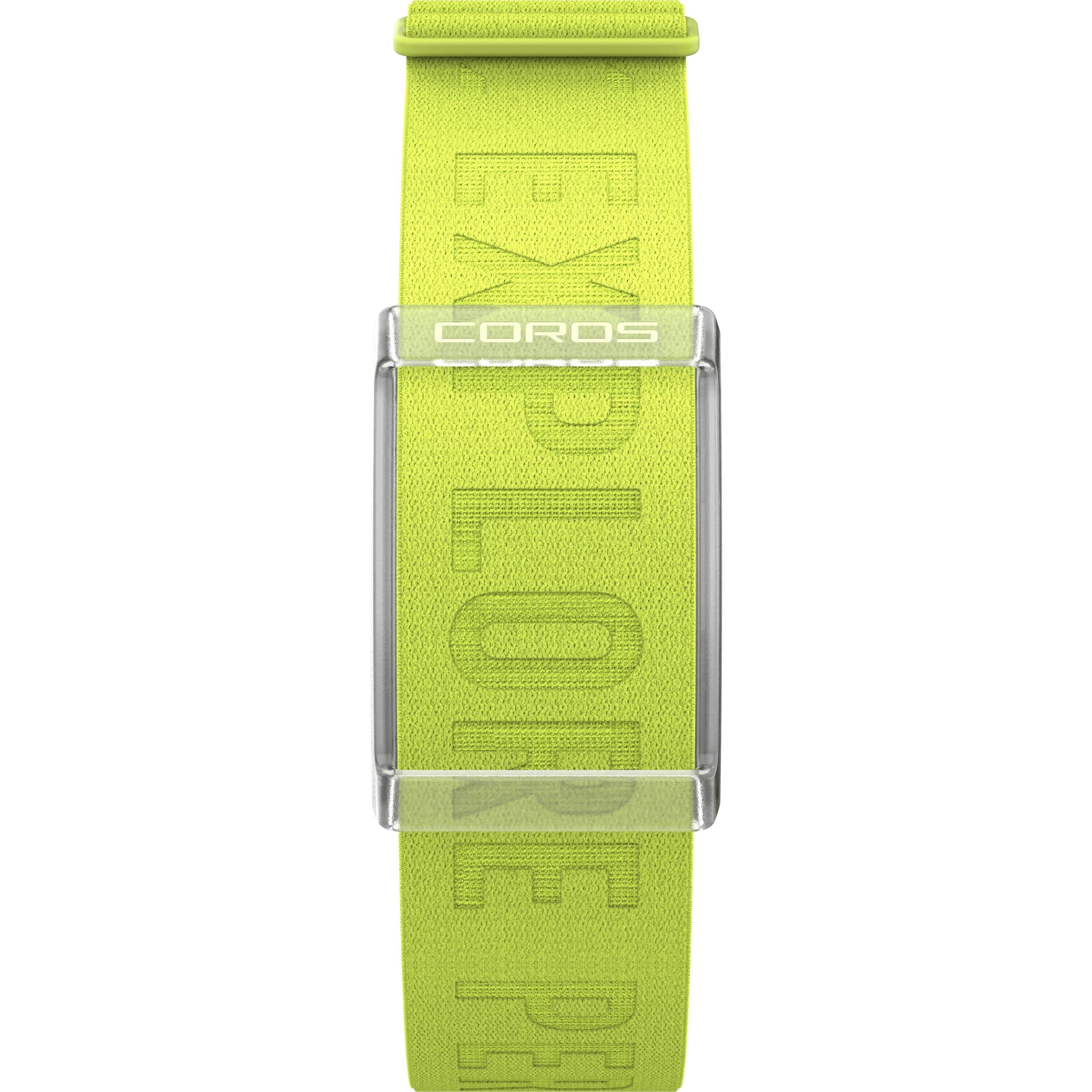 Green Coros Heart Rate Monitor arm band with Bluetooth, featuring a 38-hour battery life, designed for fitness tracking accessories.