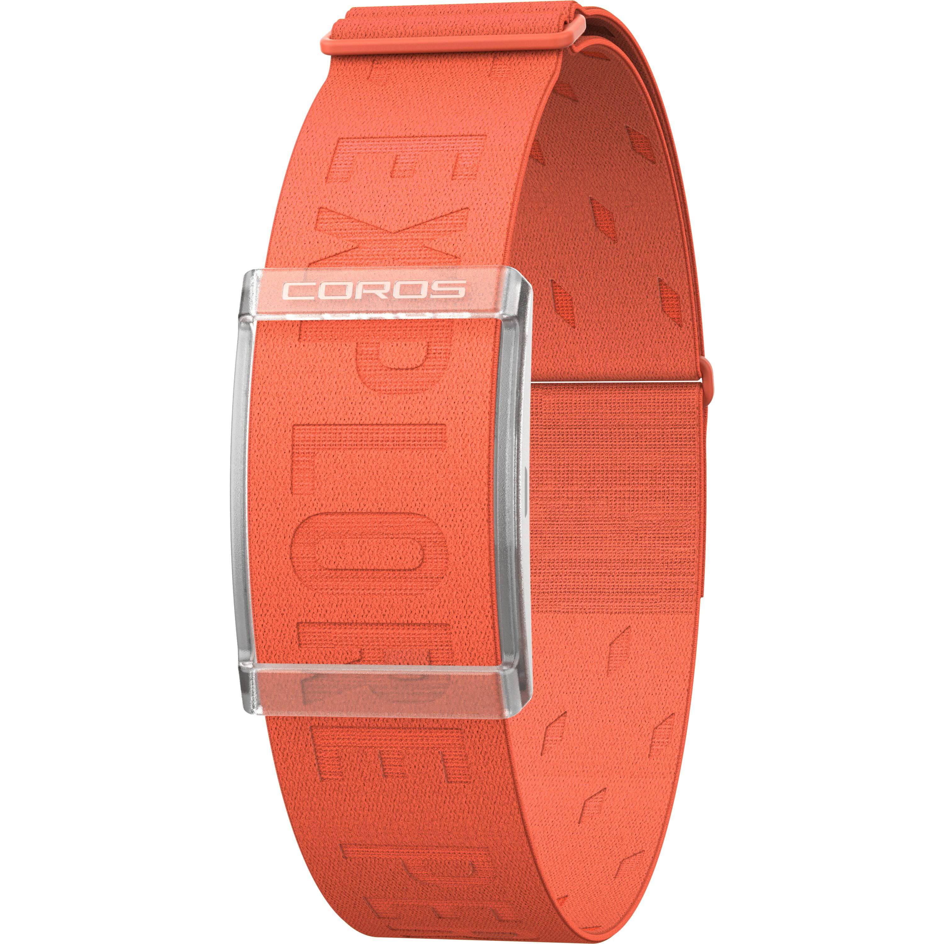 Coros Arm Band Heart Rate Monitor in orange with Bluetooth connectivity and 38-hour battery life, designed for fitness tracking.