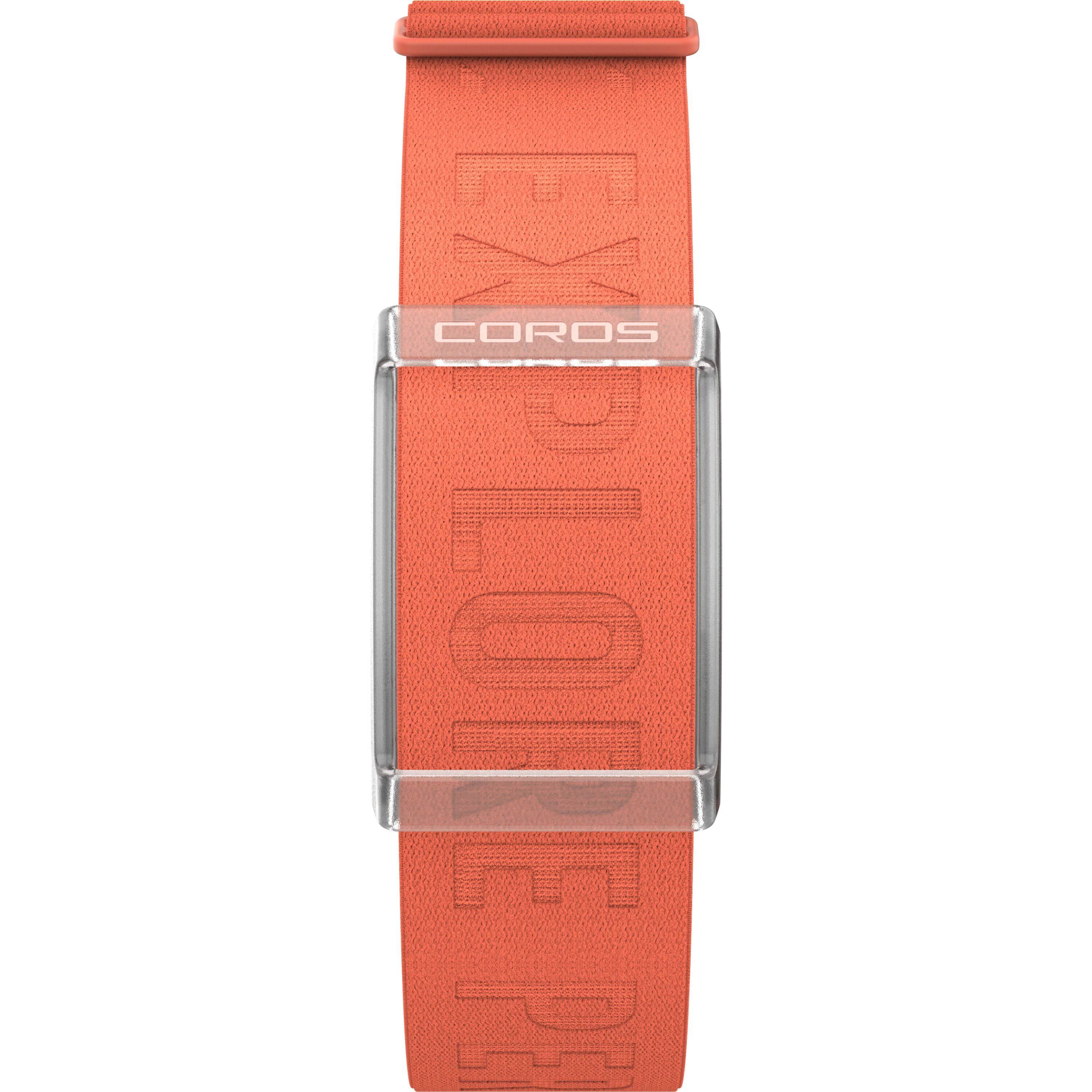 Orange Coros Heart Rate Monitor arm band with Bluetooth, showing a close-up of the HRM device on the strap.