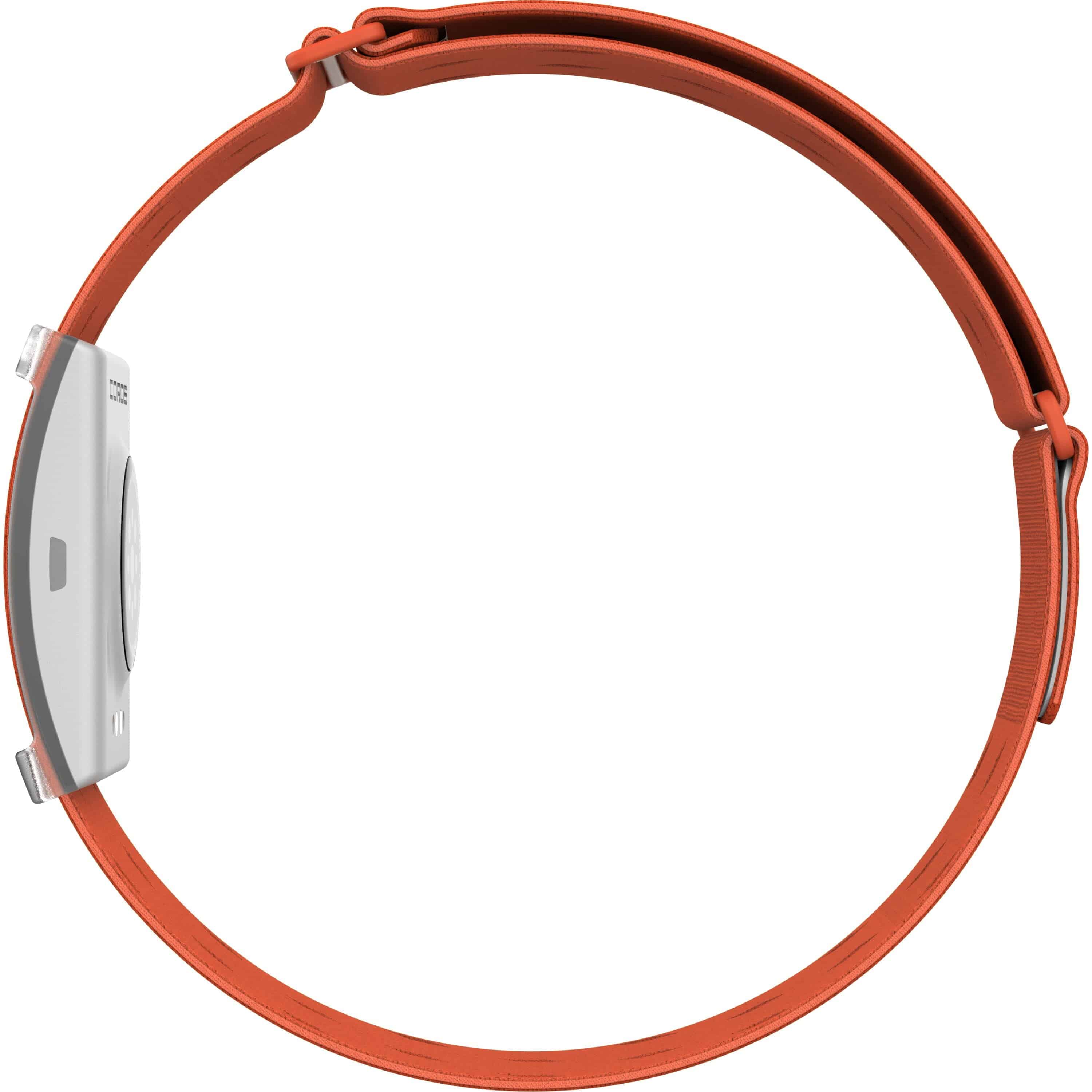 Coros orange arm band heart rate monitor with Bluetooth and 38-hour battery life, designed for fitness and activity tracking.