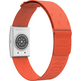Coros orange arm band heart rate monitor with Bluetooth connectivity and 38-hour battery life, designed for fitness tracking.