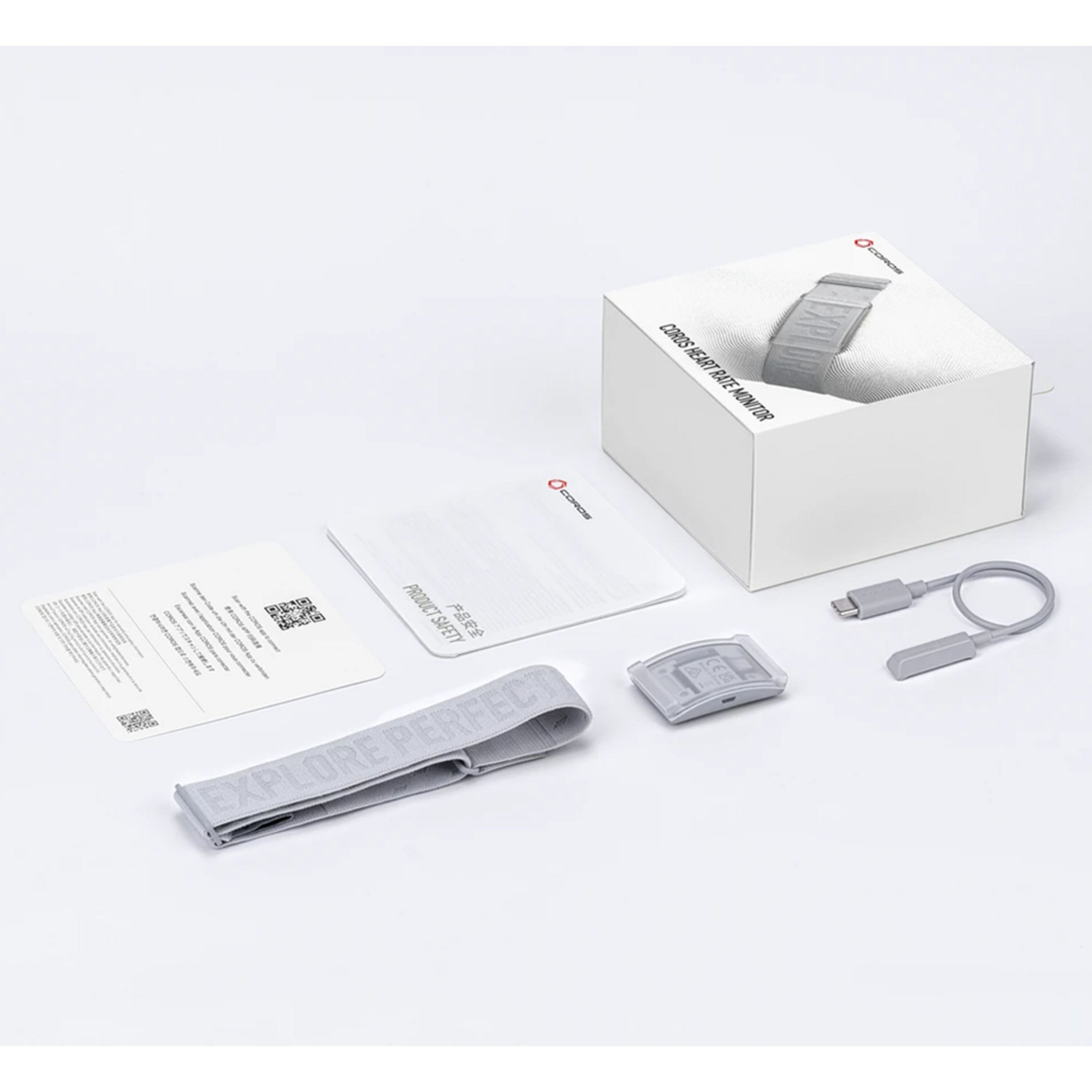 Coros Heart Rate Monitor arm band with Bluetooth and 38-hour battery life, shown with accessories in the box.