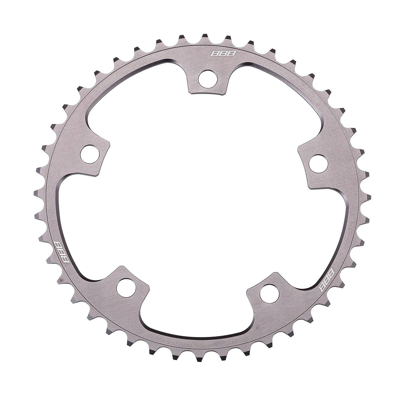 BBB BCR-12S RoadGear 44T chainring for Shimano 10-speed crankset, 130 BCD, silver, with teeth detail