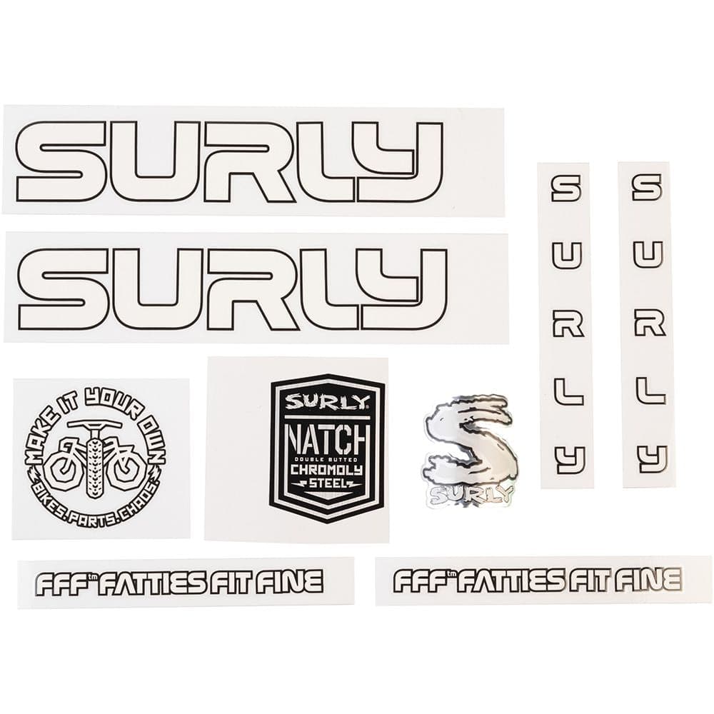Surly bike frame stickers and decals for custom bike personalization, featuring bold Surly branding and unique design elements.