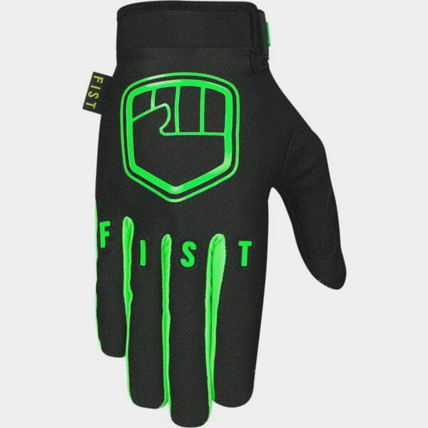 Fist Handwear fluorescent green gloves with durable grip, suitable for wet and dry conditions, shown on a person's hands.