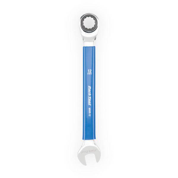 Park Tool MWR-12 12mm ratcheting metric wrench with open and box ends for workshop use, featuring a durable metal construction.