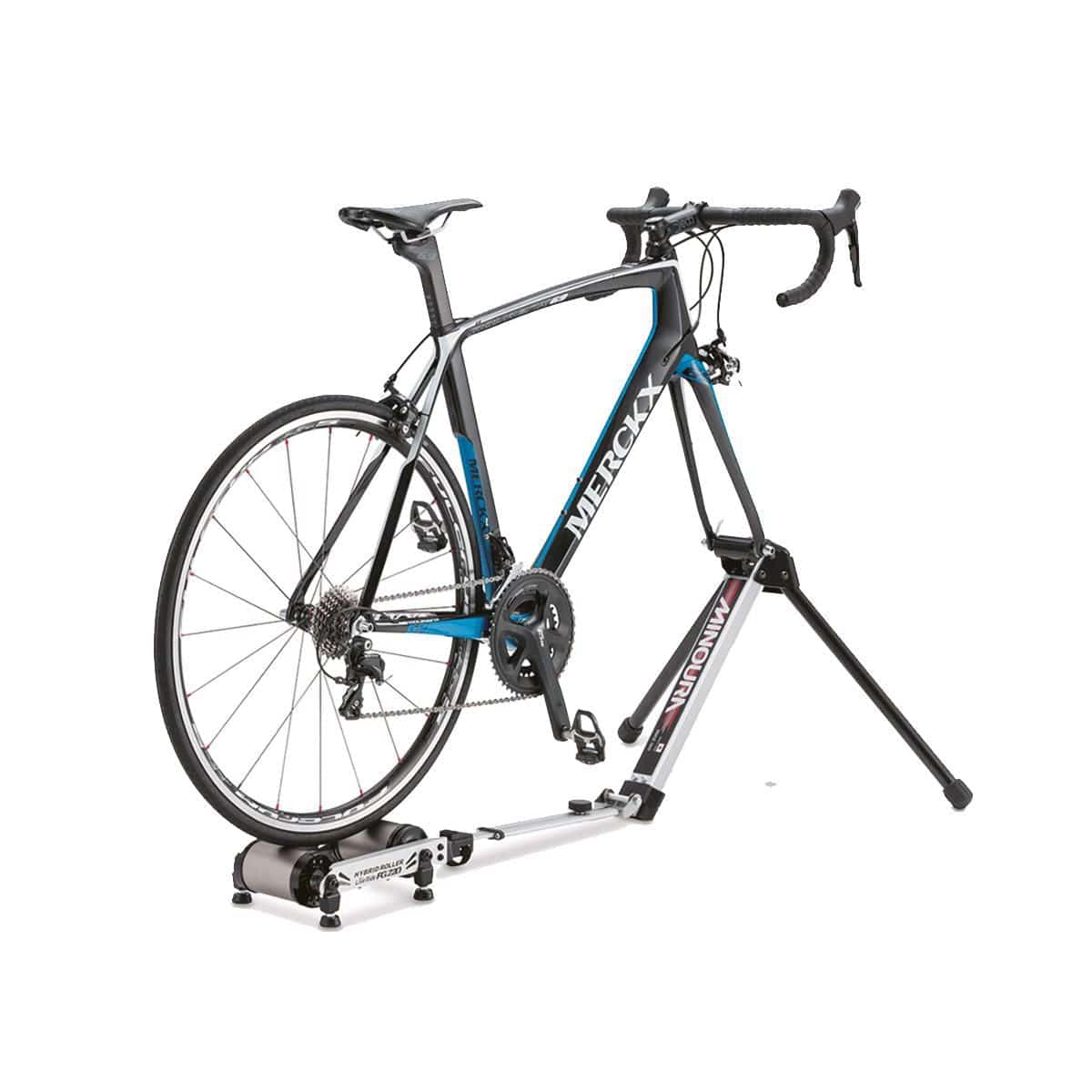 Minoura FG220 hybrid roller fork mount accessory for indoor cycling trainers, providing stability and secure setup.