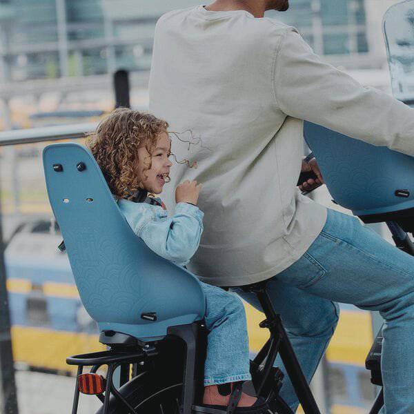 Urban Iki TA-KE rear child seat mounted on a bike frame, designed for e-bike rear seating, with safety straps and cushioning.