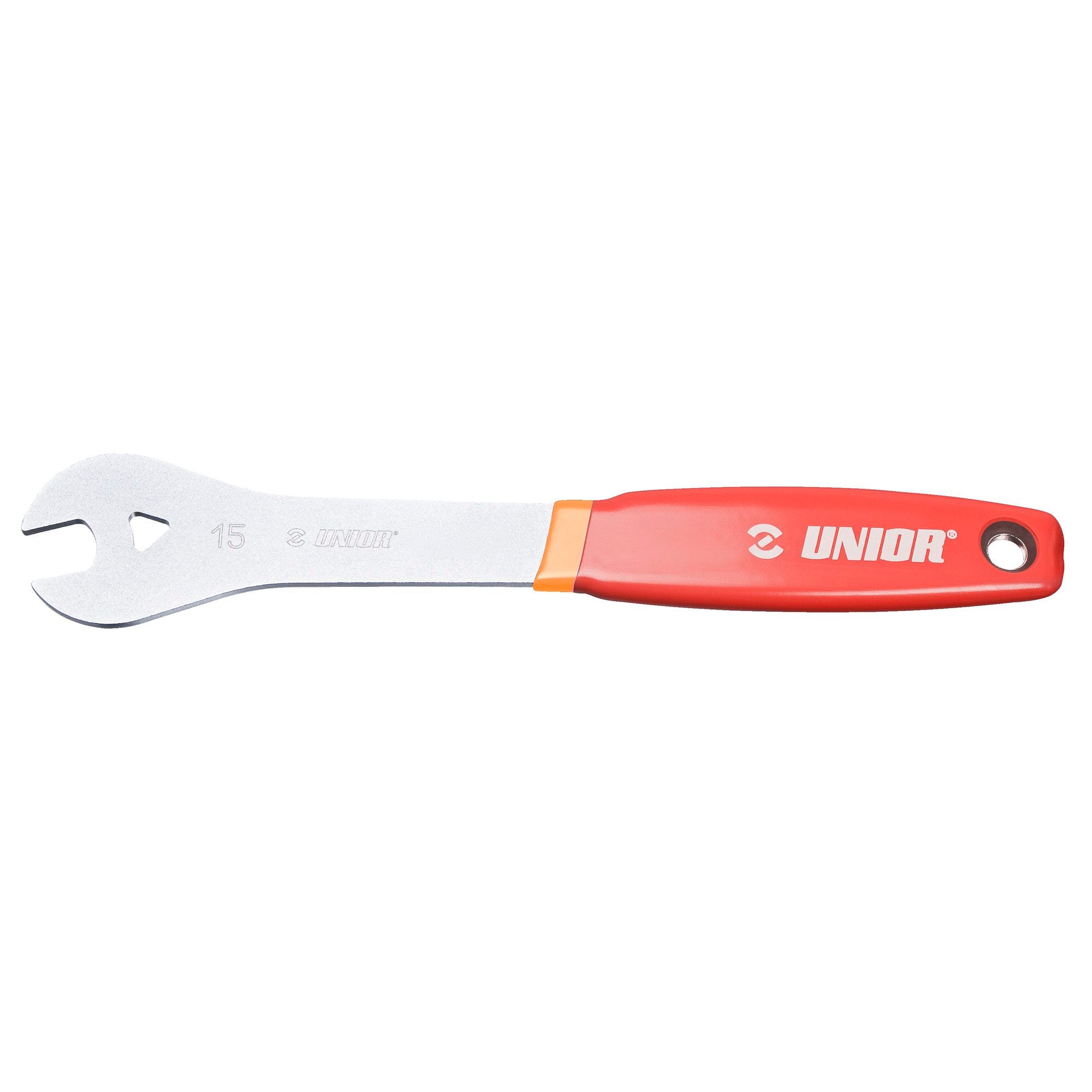 UNIOR 15mm pedal wrench with red finish, bike maintenance workshop tool, sturdy handle for bicycle pedal removal and installation.