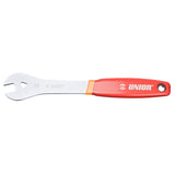 UNIOR 15mm pedal wrench with red finish, bike maintenance workshop tool, sturdy handle for bicycle pedal removal and installation.