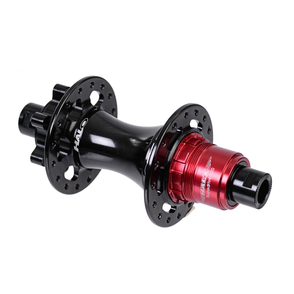 Halo MT Supadrive Boost XD hub for mountain bike wheel enhances stiffness and durability, shown in close-up image.