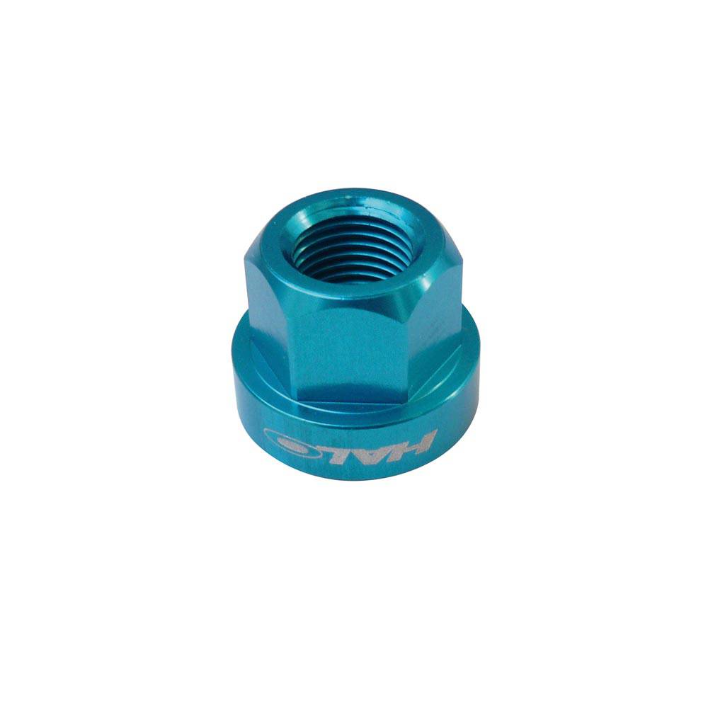 Pair of Halo CNC machined alloy axle nuts in M10 blue anodized finish, compatible with hub spares components.