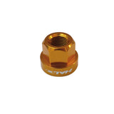 Pair of Halo CNC machined anodized alloy axle nuts for hub spares, M9 and M10 sizes, in gold color.