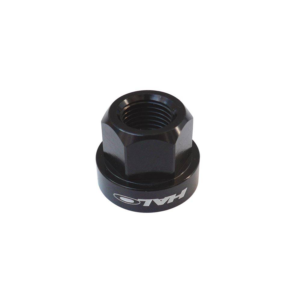 Pair of Halo CNC machined anodised alloy axle nuts for hubs, suitable for M9 and M10 sizes, in vibrant colors.