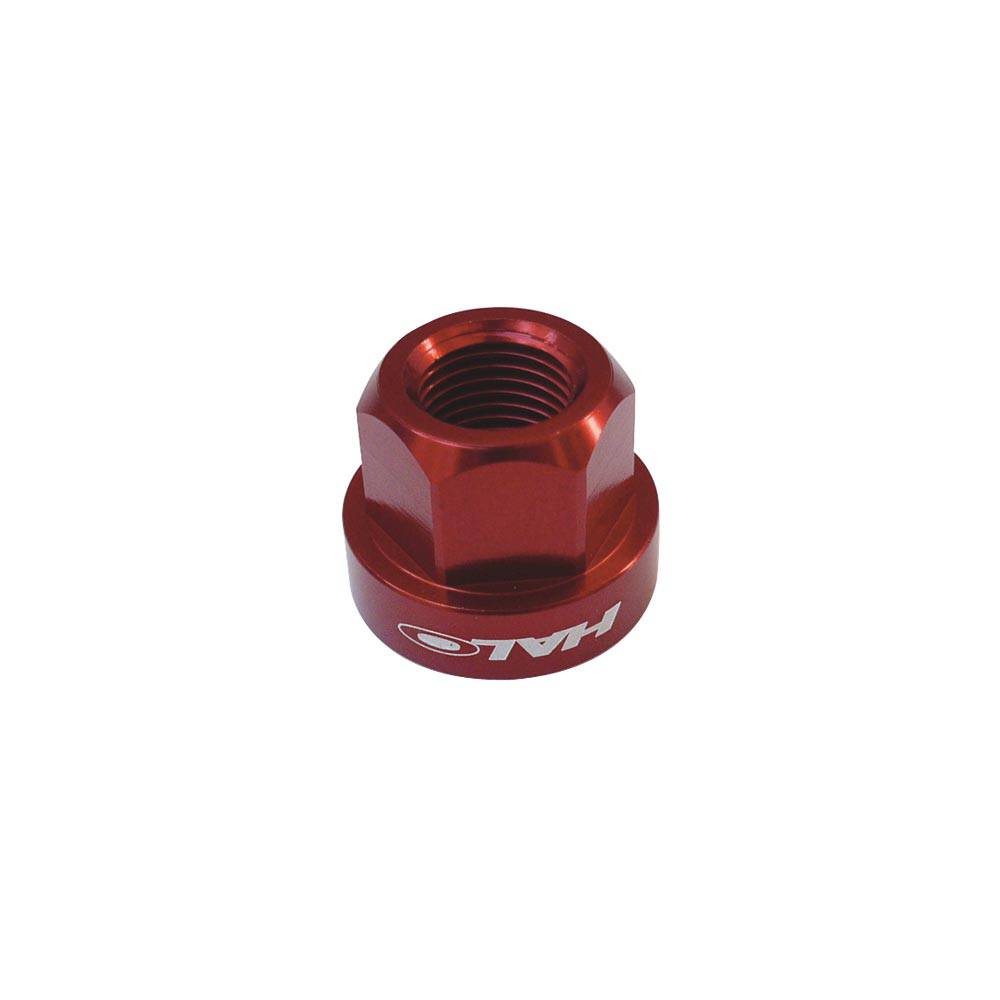 Pair of Halo CNC machined anodized alloy axle nuts for hub spares, M9 and M10 sizes, with vibrant color finishes.
