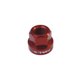 Pair of Halo CNC machined anodized alloy axle nuts for hub spares, M9 and M10 sizes, with vibrant color finishes.